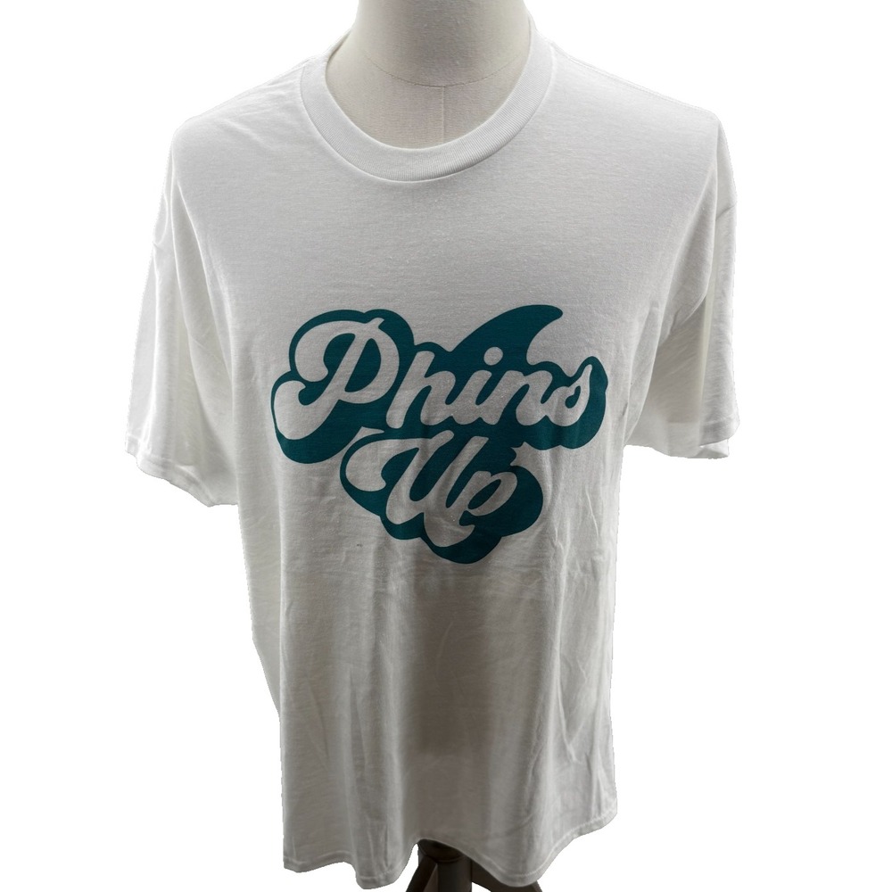 DryBlend Phins Up Graphic Tee Shirt Mens XL White Teal Short Sleeve